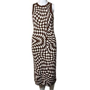 Wild Fable Checkered Jacquard Print Retro Midi Dress Brown & White Size Small